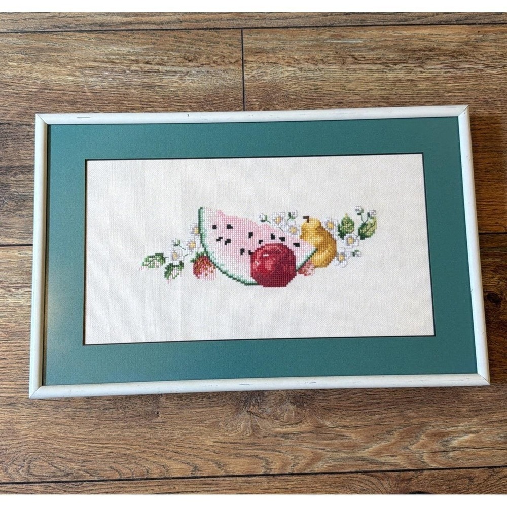 Vtg 80s Assorted Fruit Cross Stitch Embroidery Hawaii Metal Framed Plastic Matte